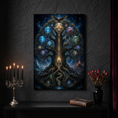 Yggdrasil canvas on a dark slate stone wall above a black console table, with a five-arm silver candelabra of lit black tapers, an antique iron key resting on a worn leather book, and a black vase of dried roses beside a burgundy velvet curtain.