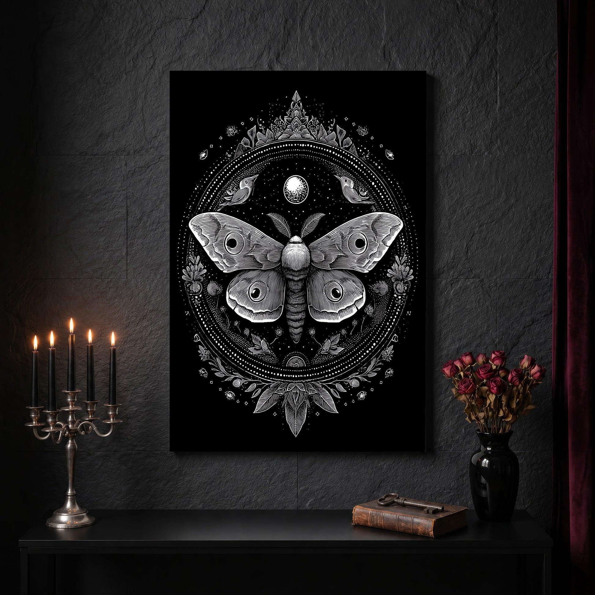 Vespers sacred geometry canvas on a dark slate stone wall above a black console table, with a five-arm silver candelabra of lit black tapers, an antique iron key resting on a worn leather book, and a black vase of dried roses beside a burgundy velvet curtain.