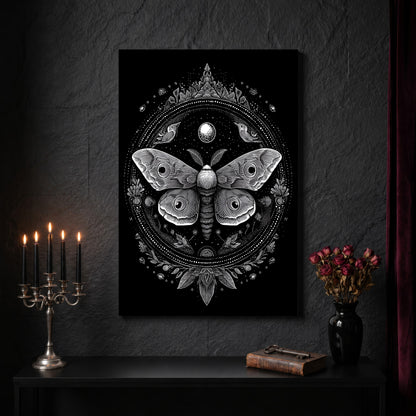 Vespers sacred geometry canvas on a dark slate stone wall above a black console table, with a five-arm silver candelabra of lit black tapers, an antique iron key resting on a worn leather book, and a black vase of dried roses beside a burgundy velvet curtain.