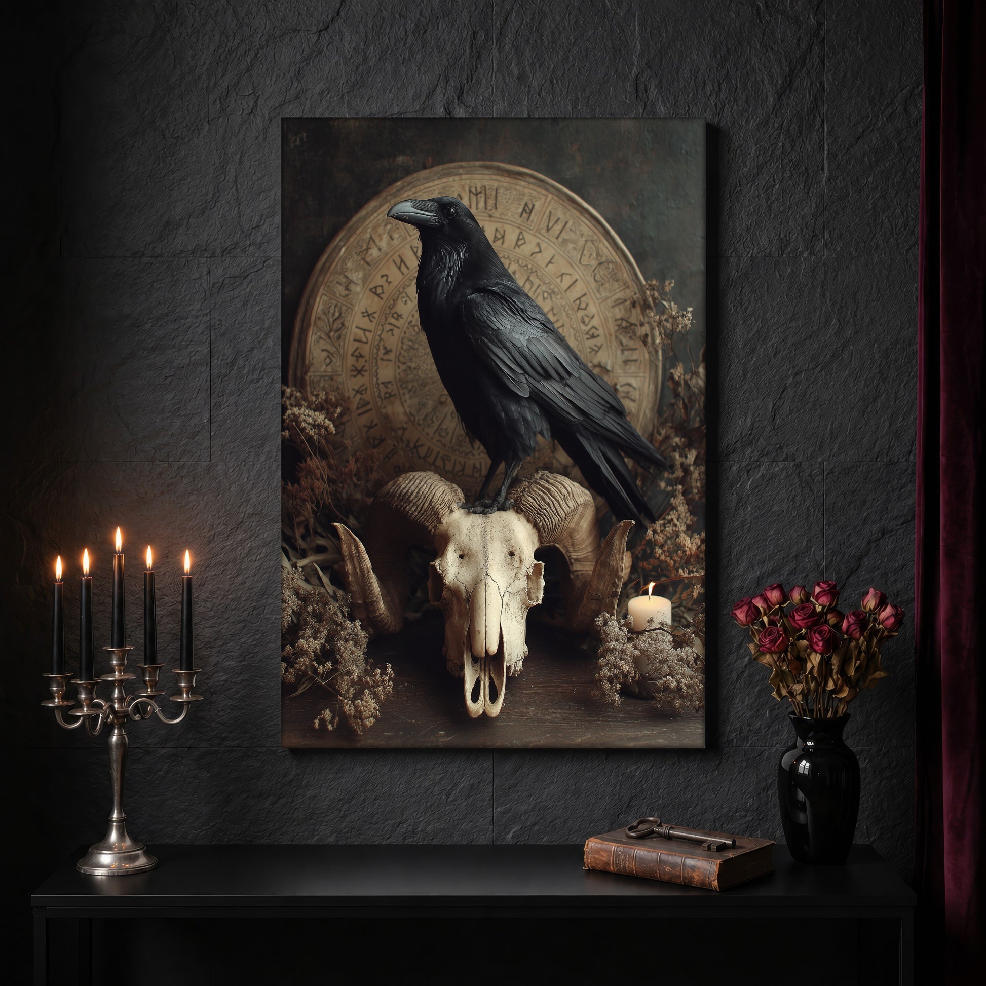 Hrafn skull canvas on a dark slate stone wall above a black console table, with a five-arm silver candelabra of lit black tapers, an antique iron key resting on a worn leather book, and a black vase of dried roses beside a burgundy velvet curtain.