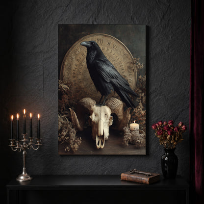 Hrafn skull canvas on a dark slate stone wall above a black console table, with a five-arm silver candelabra of lit black tapers, an antique iron key resting on a worn leather book, and a black vase of dried roses beside a burgundy velvet curtain.