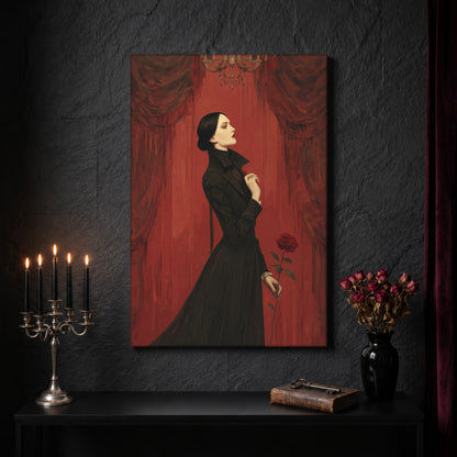 The Countess canvas on a dark slate stone wall above a black console table, with a five-arm silver candelabra of lit black tapers, an antique iron key resting on a worn leather book, and a black vase of dried roses beside a burgundy velvet curtain.