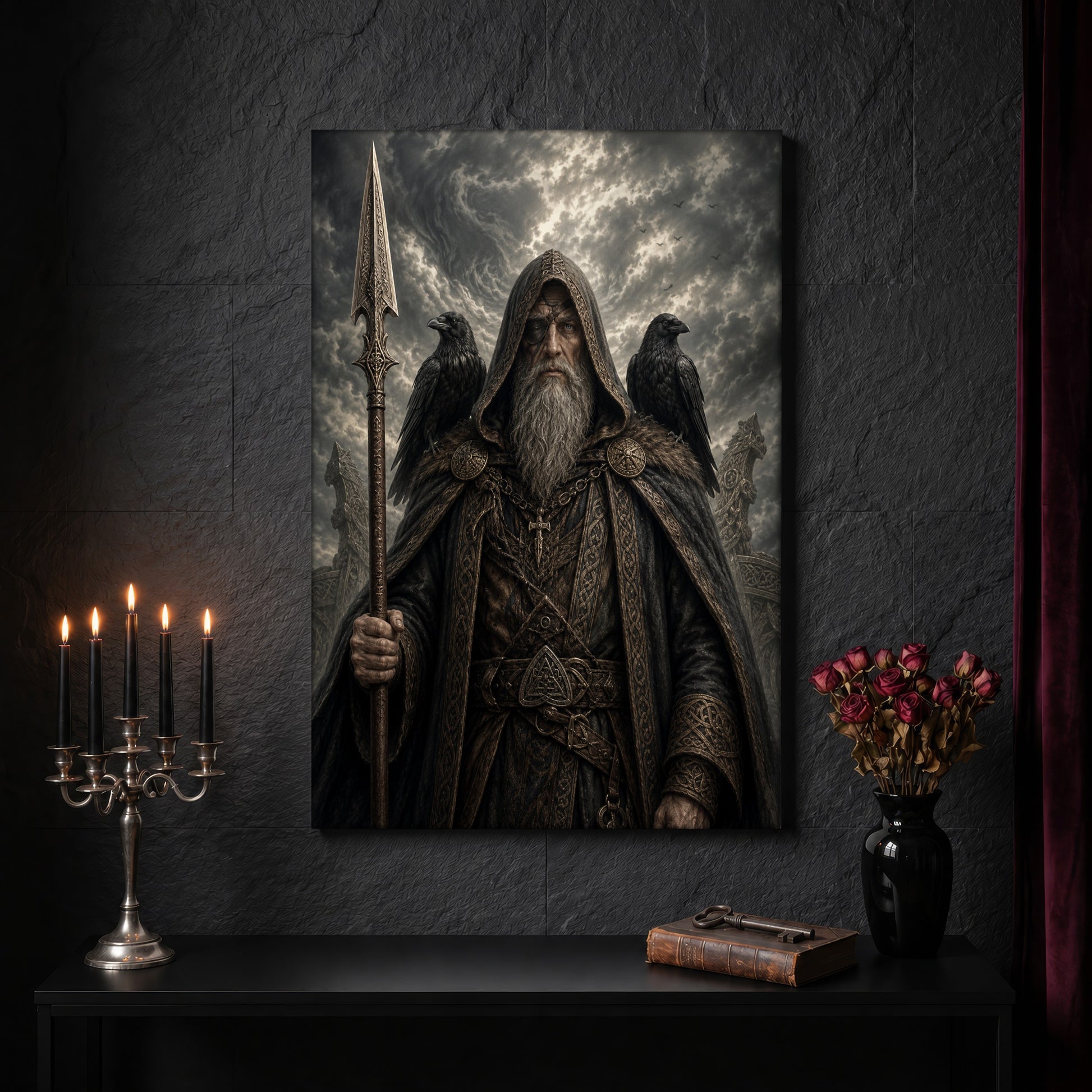 Gungnir canvas on a dark slate stone wall above a black console table, with a five-arm silver candelabra of lit black tapers, an antique iron key resting on a worn leather book, and a black vase of dried roses beside a burgundy velvet curtain.
