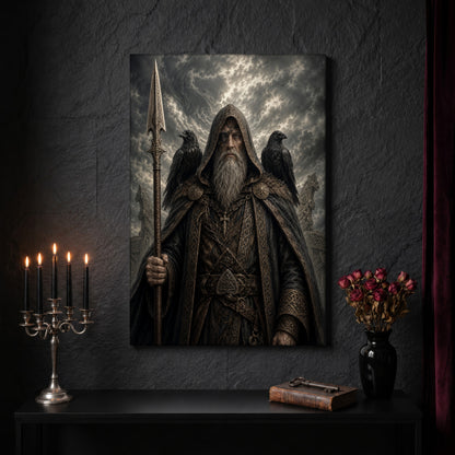 Gungnir canvas on a dark slate stone wall above a black console table, with a five-arm silver candelabra of lit black tapers, an antique iron key resting on a worn leather book, and a black vase of dried roses beside a burgundy velvet curtain.