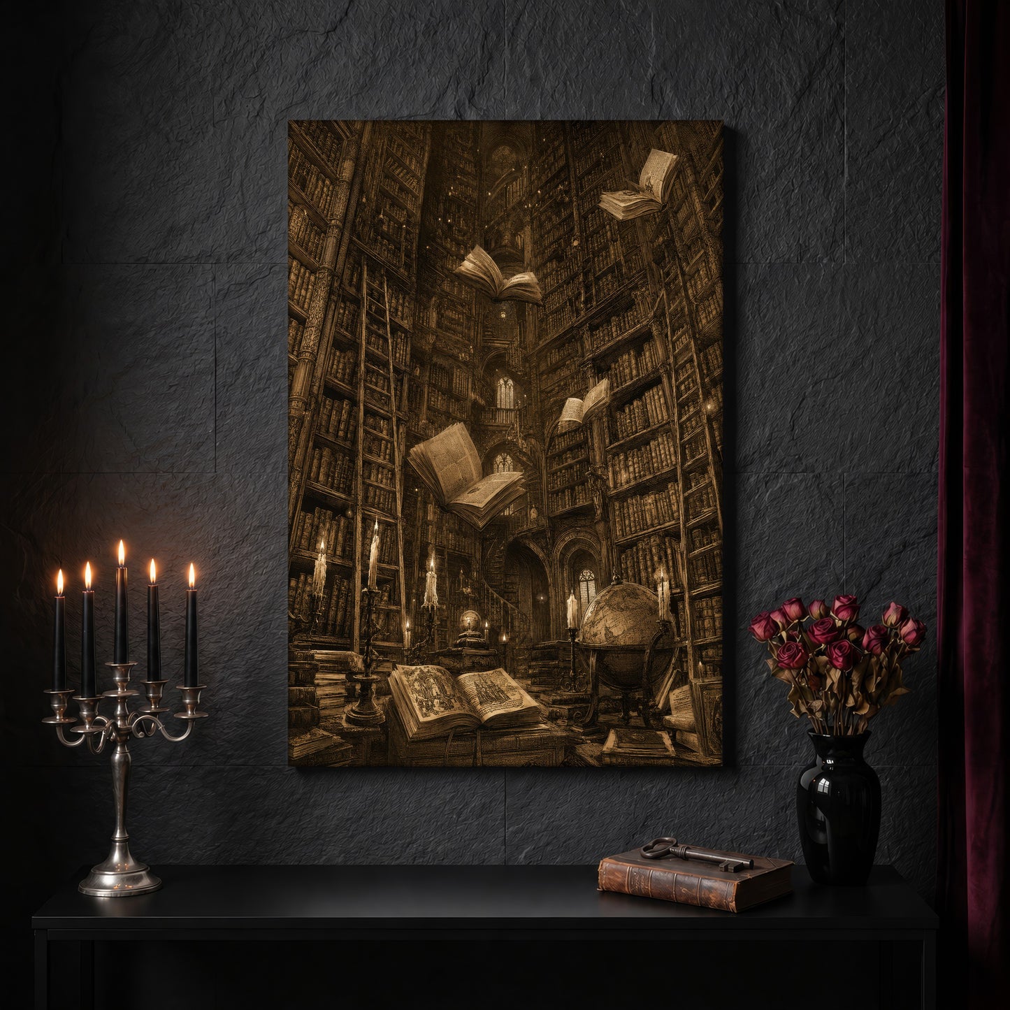 The Untethered Athenaeum canvas on a dark slate stone wall above a black console table, with a five-arm silver candelabra of lit black tapers, an antique iron key resting on a worn leather book, and a black vase of dried roses beside a burgundy velvet curtain.