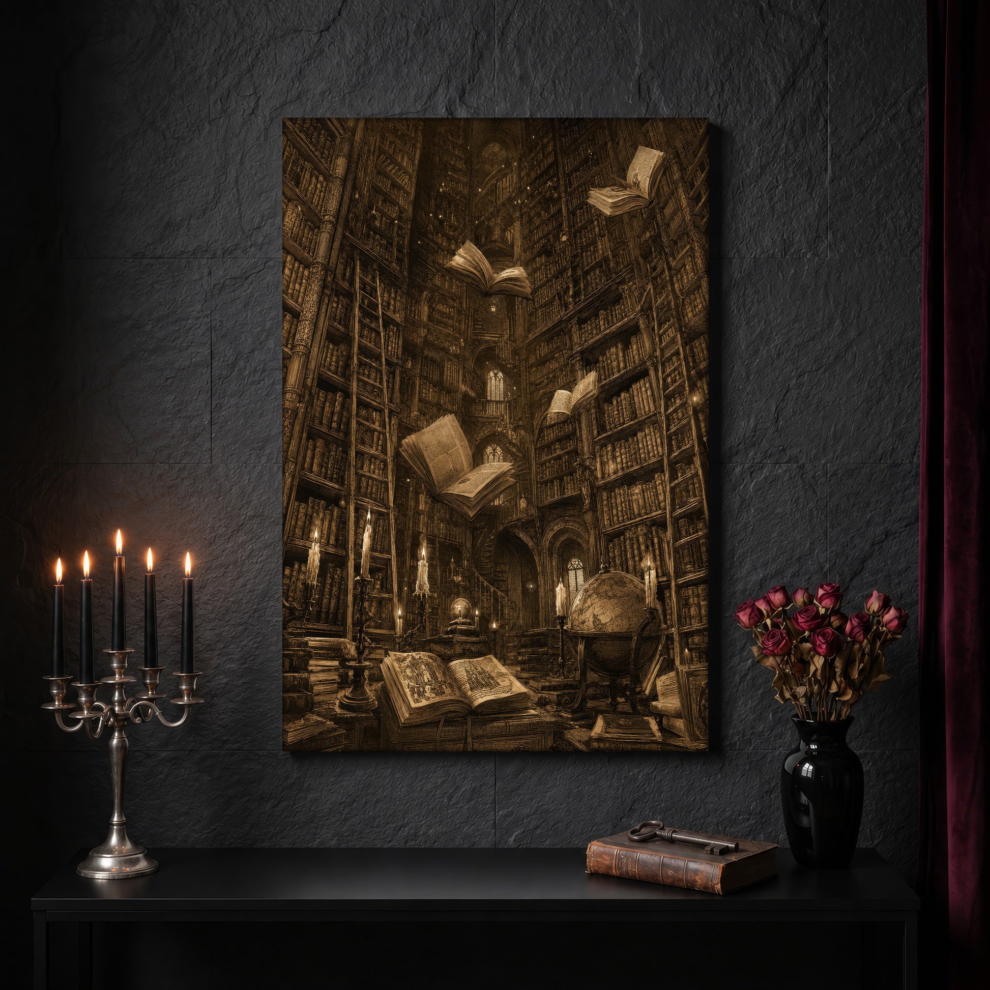 The Untethered Athenaeum canvas on a dark slate stone wall above a black console table, with a five-arm silver candelabra of lit black tapers, an antique iron key resting on a worn leather book, and a black vase of dried roses beside a burgundy velvet curtain.