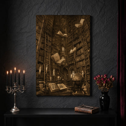 The Untethered Athenaeum canvas on a dark slate stone wall above a black console table, with a five-arm silver candelabra of lit black tapers, an antique iron key resting on a worn leather book, and a black vase of dried roses beside a burgundy velvet curtain.