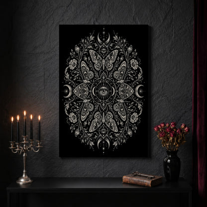 Argus esoteric canvas on a dark slate stone wall above a black console table, with a five-arm silver candelabra of lit black tapers, an antique iron key resting on a worn leather book, and a black vase of dried roses beside a burgundy velvet curtain.