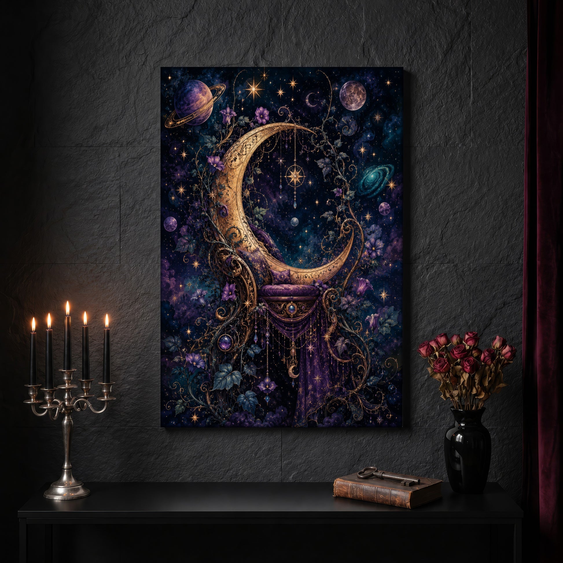 The Crescent Court moon throne canvas on a dark slate stone wall above a black console table, with a five-arm silver candelabra of lit black tapers, an antique iron key resting on a worn leather book, and a black vase of dried roses beside a burgundy velvet curtain.