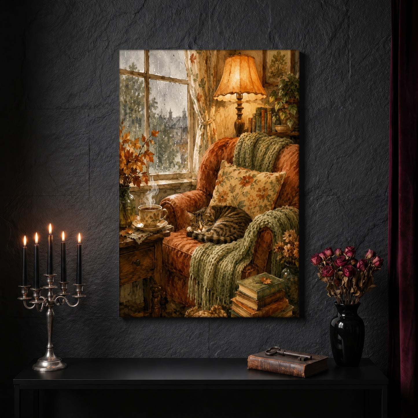 Tabby's Teatime Nap canvas on a dark stone wall above a black console table, framed by a silver candelabra of lit tapers, an antique key resting on a leather book, and a black vase of dark roses beside a burgundy curtain.