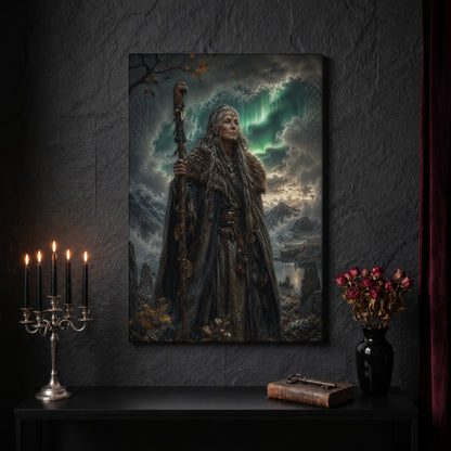 Spákona canvas on a dark slate stone wall above a black console table, with a five-arm silver candelabra of lit black tapers, an antique iron key resting on a worn leather book, and a black vase of dried roses beside a burgundy velvet curtain.