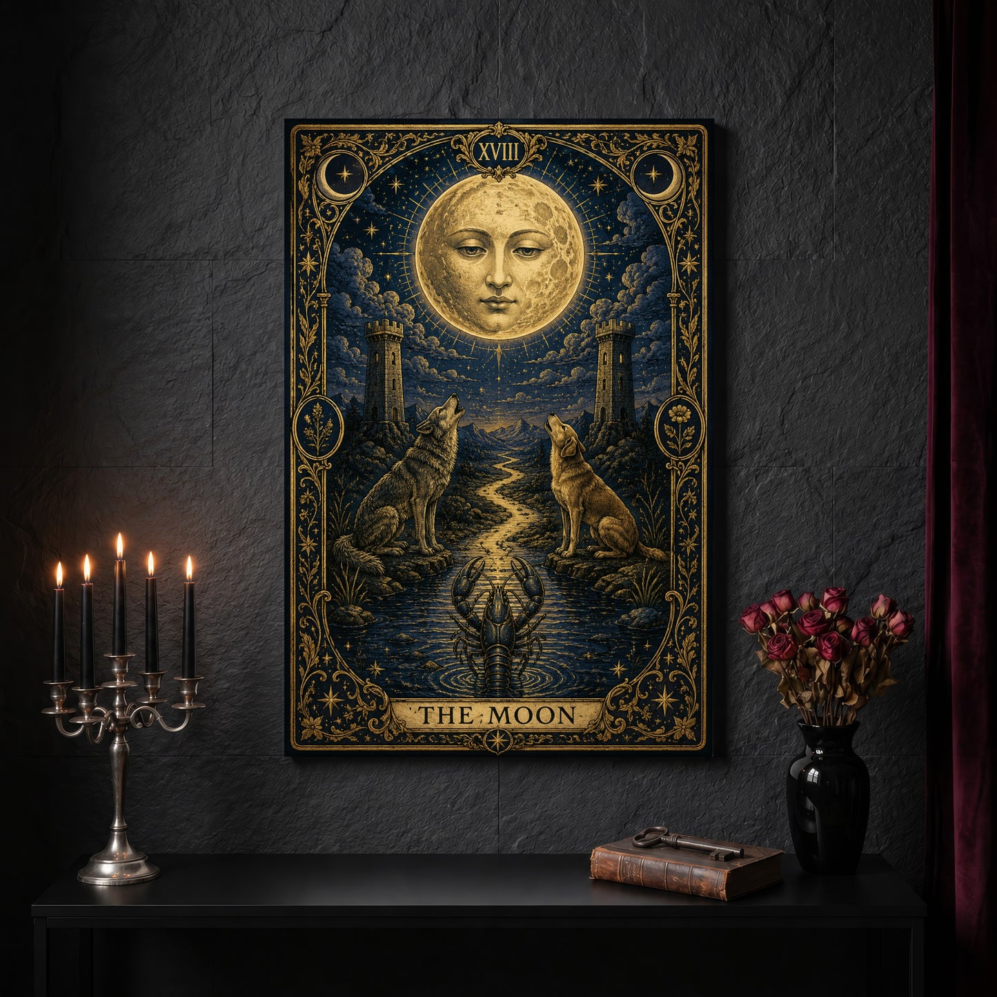 La Lune gilded tarot canvas on a dark slate stone wall above a black console table, with a five-arm silver candelabra of lit black tapers, an antique iron key resting on a worn leather book, and a black vase of dried roses beside a burgundy velvet curtain.

