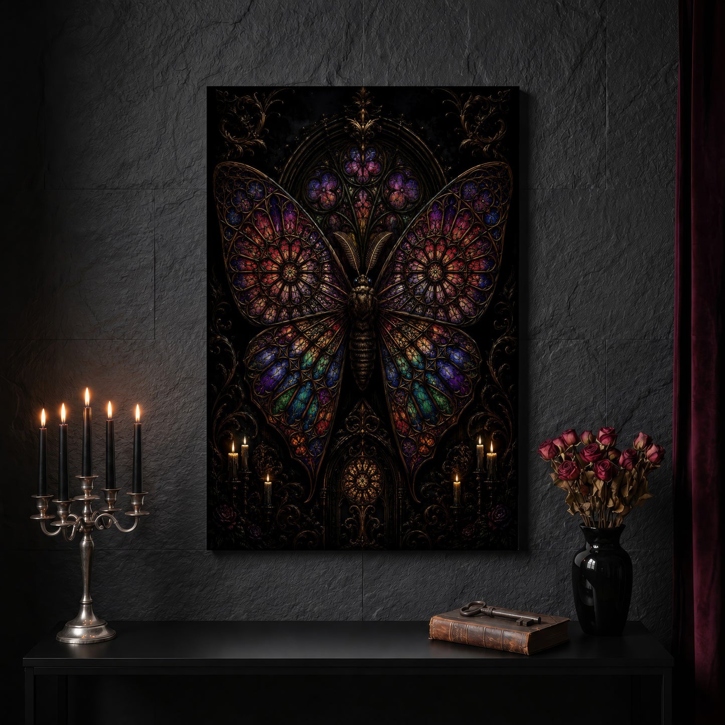 Vitrarium canvas on a dark slate stone wall above a black console table in a gothic entryway, with a five-arm silver candelabra of lit black tapers, an antique iron key resting on a worn leather book, and a black vase of dark pink roses beside a burgundy velvet curtain.