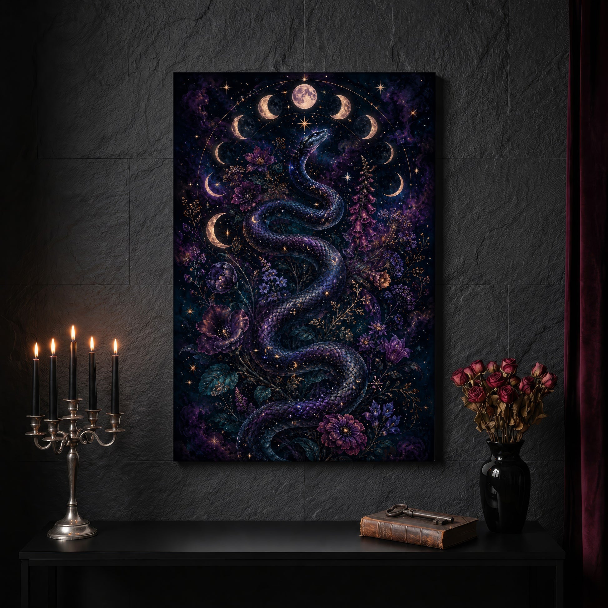 Celestial Serpent canvas on a dark slate stone wall above a black console table, with a five-arm silver candelabra of lit black tapers, an antique iron key resting on a worn leather book, and a black vase of dried roses beside a burgundy velvet curtain.