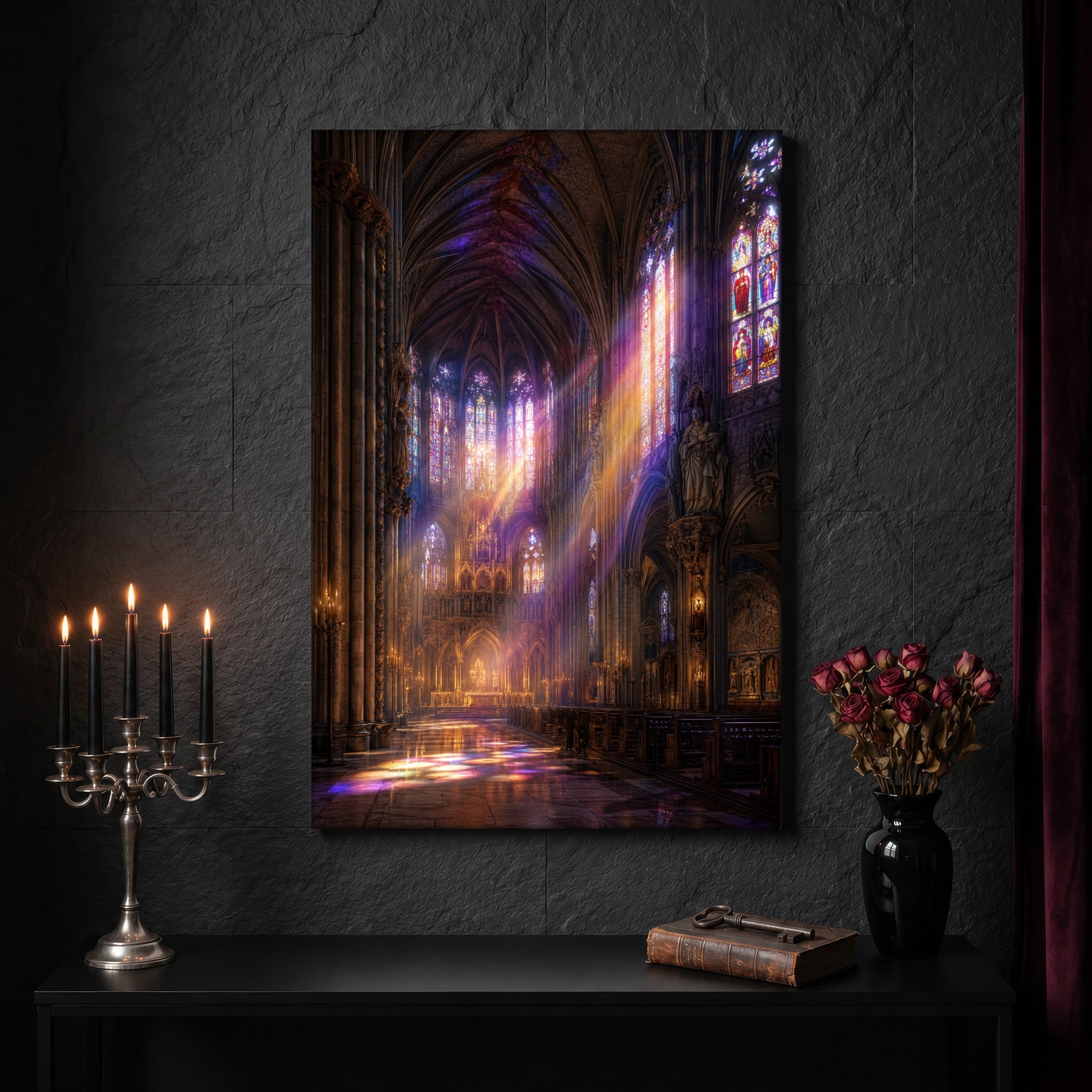 Gloria architecture canvas on a dark slate stone wall above a black console table, with a five-arm silver candelabra of lit black tapers, an antique iron key resting on a worn leather book, and a black vase of dried roses beside a burgundy velvet curtain.