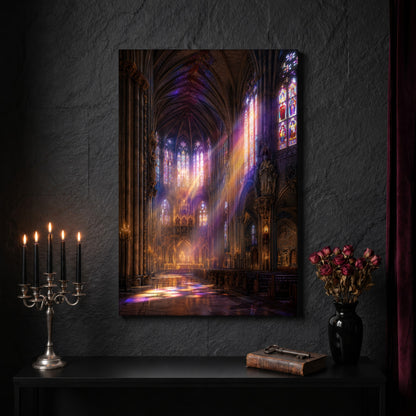 Gloria architecture canvas on a dark slate stone wall above a black console table, with a five-arm silver candelabra of lit black tapers, an antique iron key resting on a worn leather book, and a black vase of dried roses beside a burgundy velvet curtain.