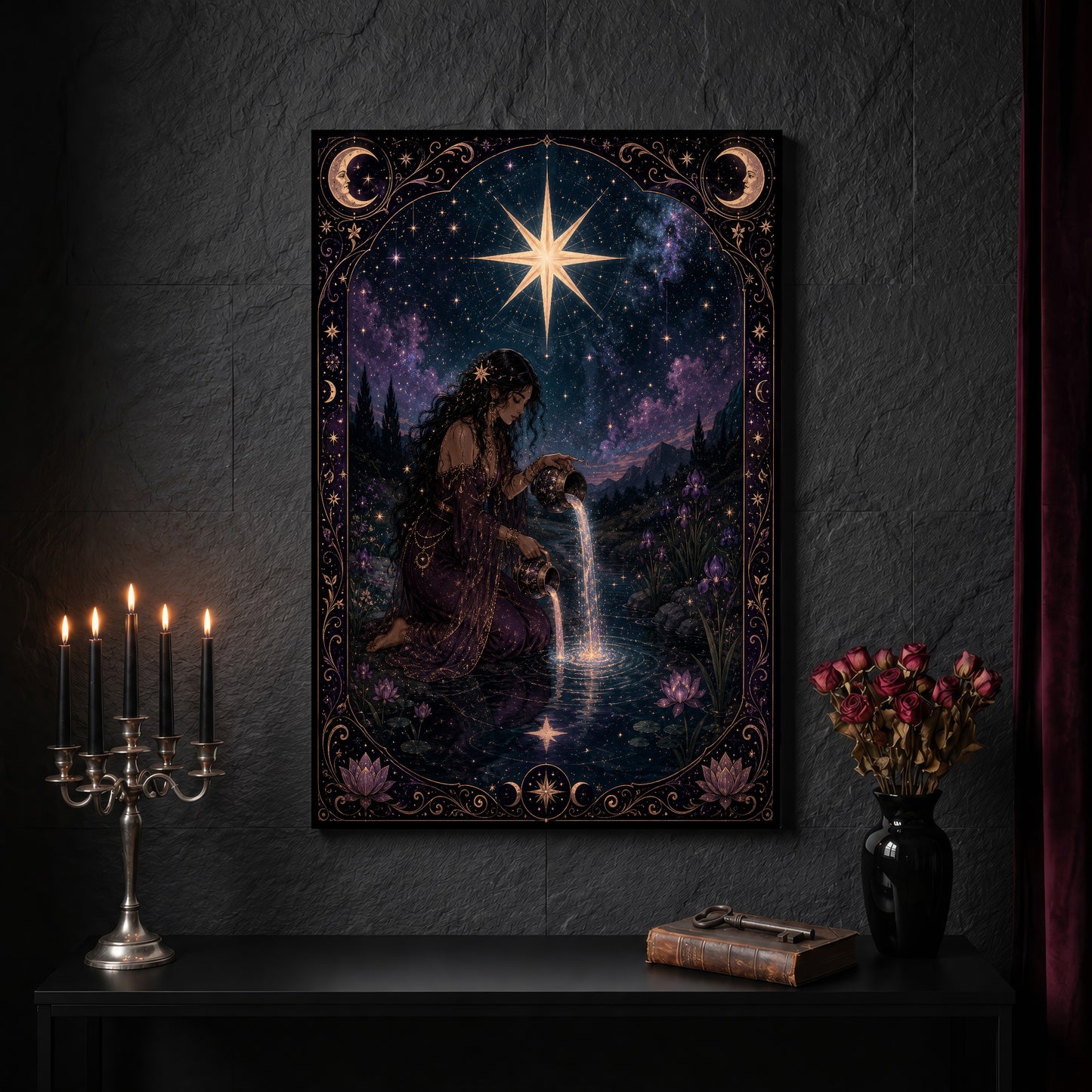 Nocturne Tarot: The Star canvas on a dark slate stone wall above a black console table, with a five-arm silver candelabra of lit black tapers, an antique iron key resting on a worn leather book, and a black vase of dried roses beside a burgundy velvet curtain.