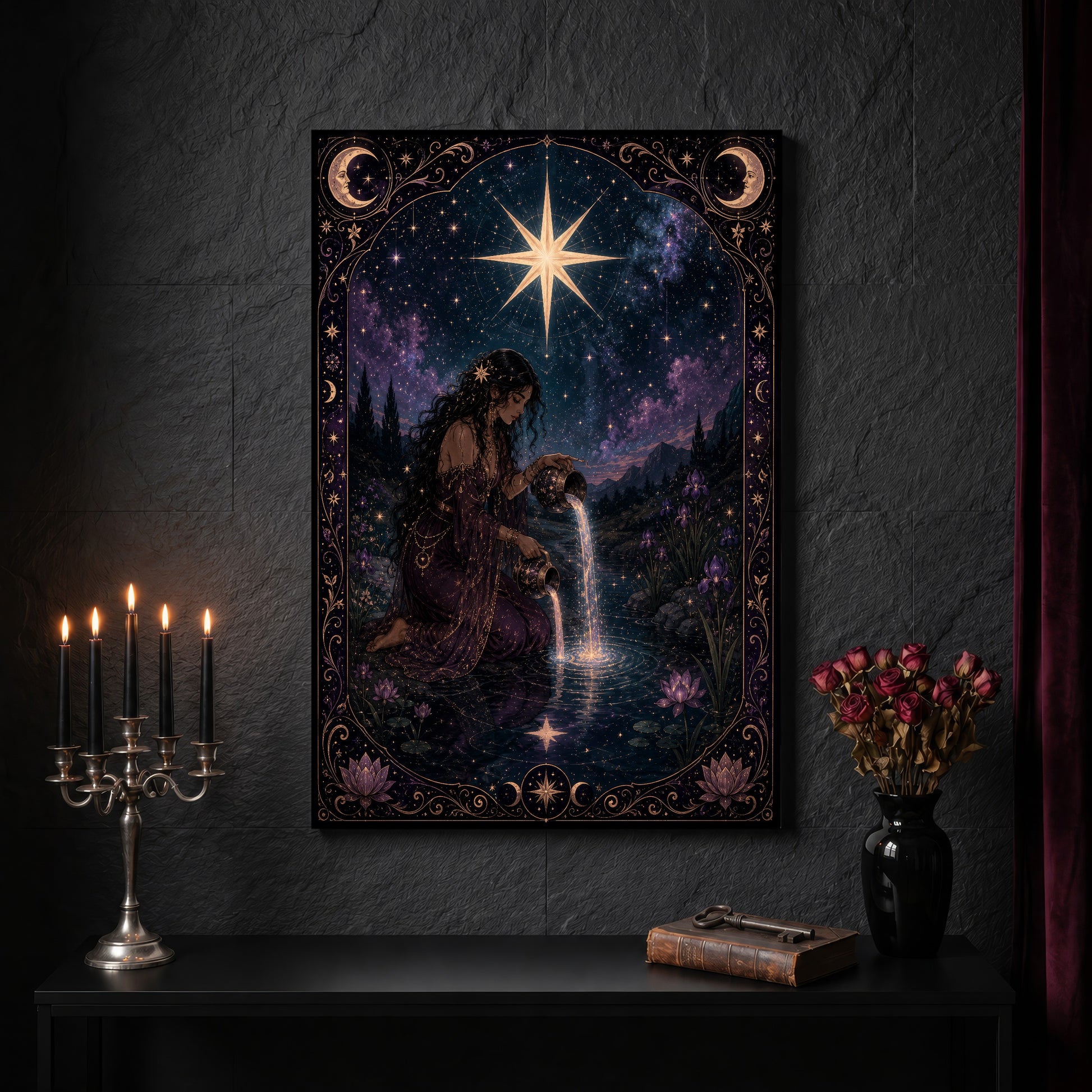 Nocturne Tarot: The Star canvas on a dark slate stone wall above a black console table, with a five-arm silver candelabra of lit black tapers, an antique iron key resting on a worn leather book, and a black vase of dried roses beside a burgundy velvet curtain.