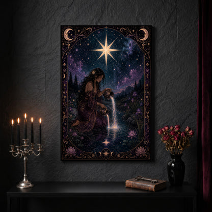 Nocturne Tarot: The Star canvas on a dark slate stone wall above a black console table, with a five-arm silver candelabra of lit black tapers, an antique iron key resting on a worn leather book, and a black vase of dried roses beside a burgundy velvet curtain.