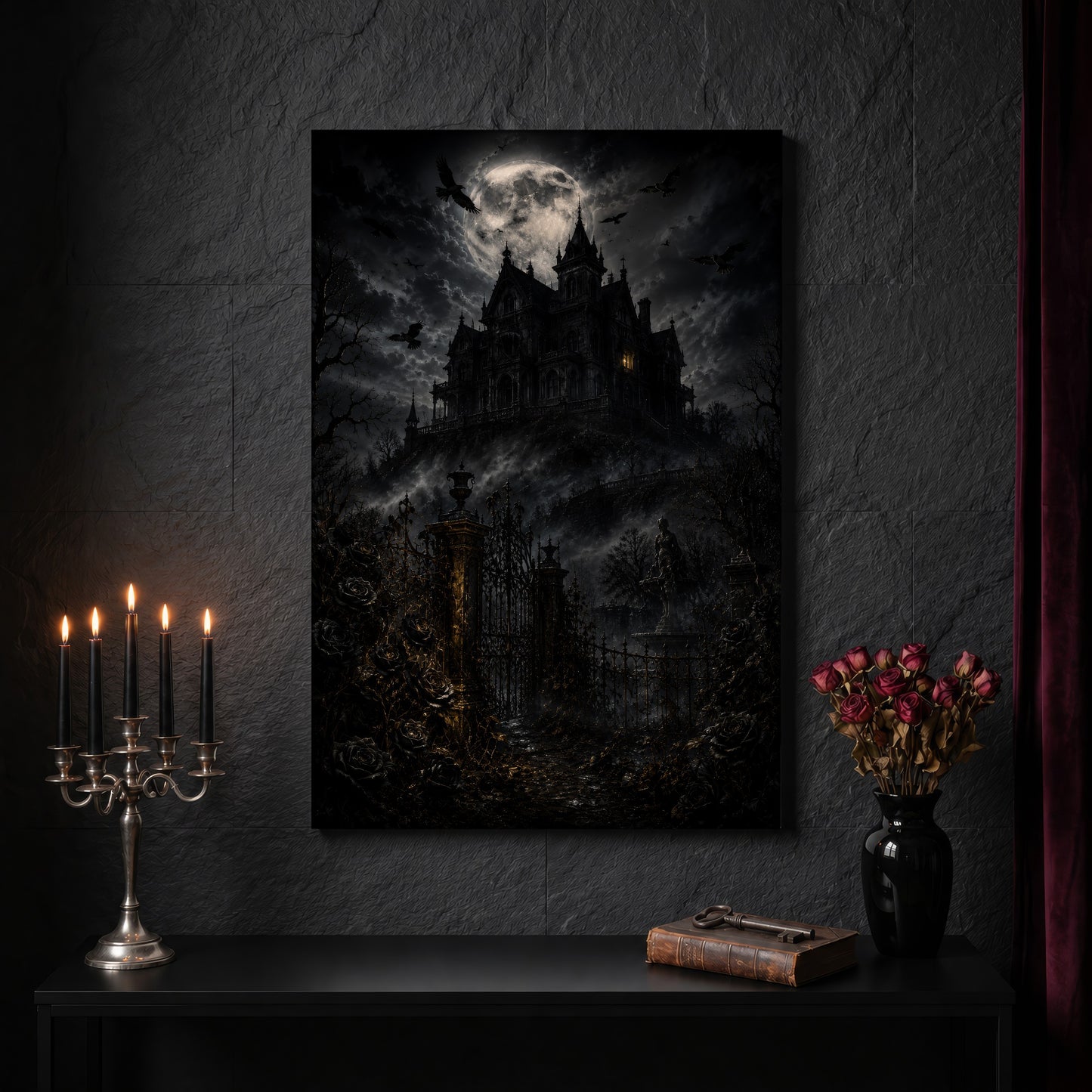 Ravensward haunted house canvas on a dark slate stone wall above a black console table, with a five-arm silver candelabra of lit black tapers, an antique iron key resting on a worn leather book, and a black vase of dried roses beside a burgundy velvet curtain.