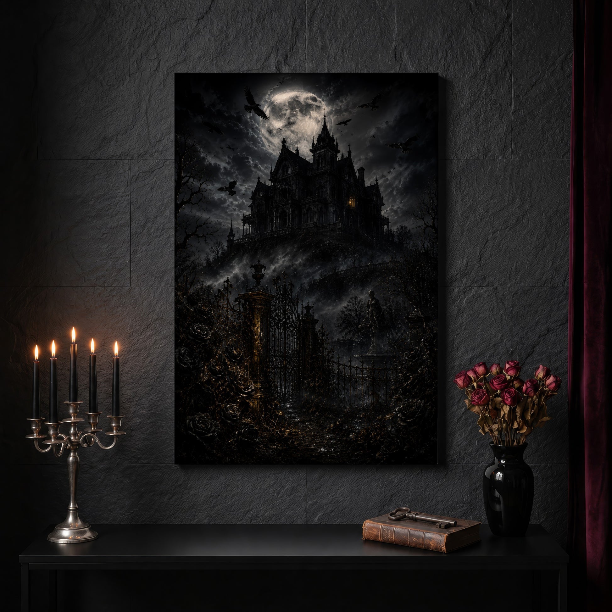 Ravensward haunted house canvas on a dark slate stone wall above a black console table, with a five-arm silver candelabra of lit black tapers, an antique iron key resting on a worn leather book, and a black vase of dried roses beside a burgundy velvet curtain.
