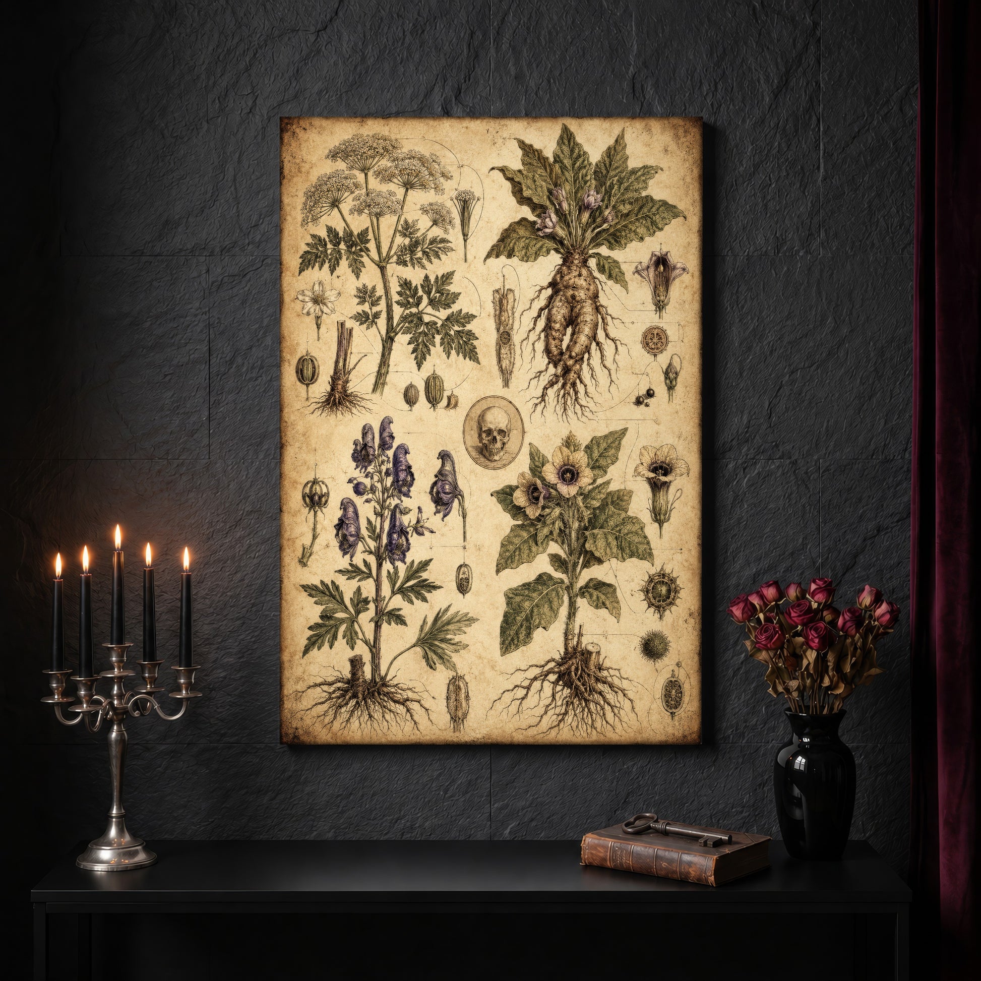 Poison Garden specimen canvas on a dark slate stone wall above a black console table, with a five-arm silver candelabra of lit black tapers, an antique iron key resting on a worn leather book, and a black vase of dried roses beside a burgundy velvet curtain.
