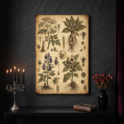 Poison Garden specimen canvas on a dark slate stone wall above a black console table, with a five-arm silver candelabra of lit black tapers, an antique iron key resting on a worn leather book, and a black vase of dried roses beside a burgundy velvet curtain.