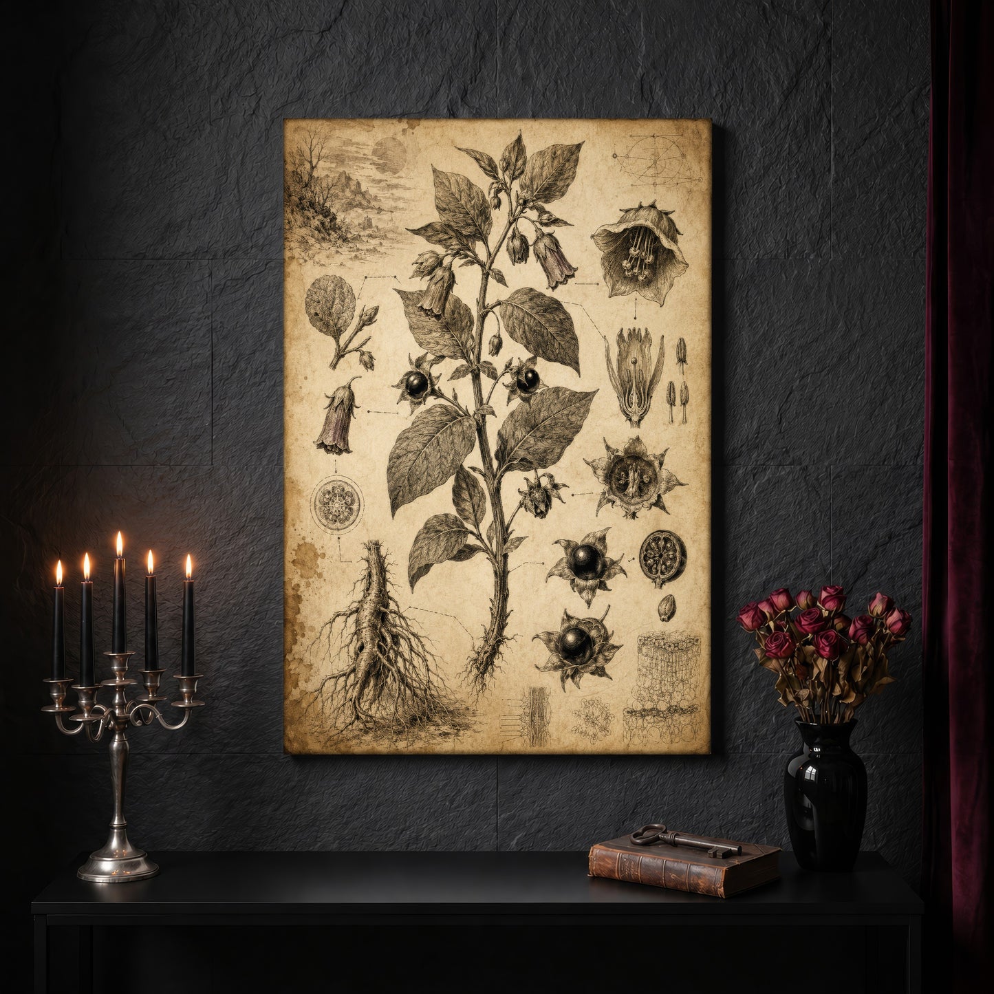 Belladonna nightshade canvas on a dark slate stone wall above a black console table, with a five-arm silver candelabra of lit black tapers, an antique iron key resting on a worn leather book, and a black vase of dried roses beside a burgundy velvet curtain.