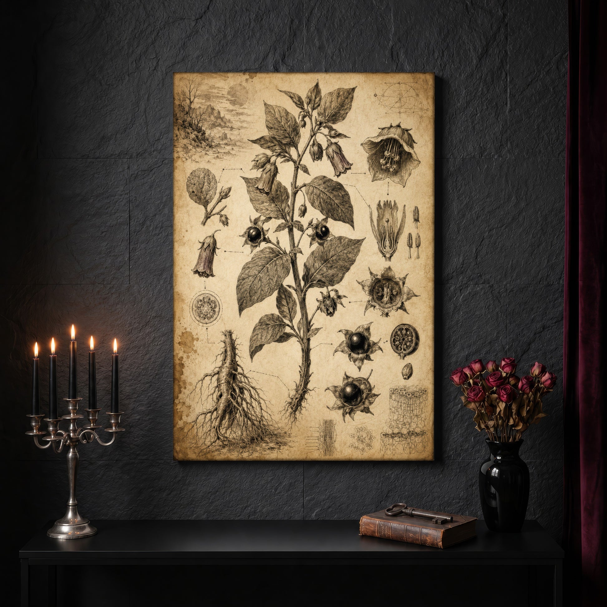 Belladonna nightshade canvas on a dark slate stone wall above a black console table, with a five-arm silver candelabra of lit black tapers, an antique iron key resting on a worn leather book, and a black vase of dried roses beside a burgundy velvet curtain.