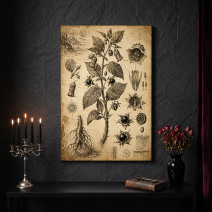 Belladonna nightshade canvas on a dark slate stone wall above a black console table, with a five-arm silver candelabra of lit black tapers, an antique iron key resting on a worn leather book, and a black vase of dried roses beside a burgundy velvet curtain.