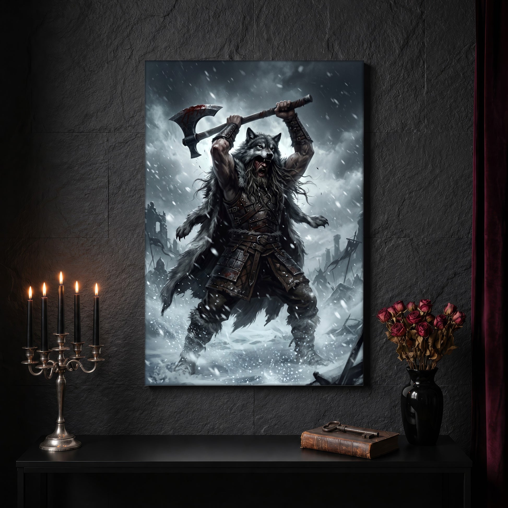 Berserker Rage canvas on a dark slate stone wall above a black console table, with a five-arm silver candelabra of lit black tapers, an antique iron key resting on a worn leather book, and a black vase of dried roses beside a burgundy velvet curtain.