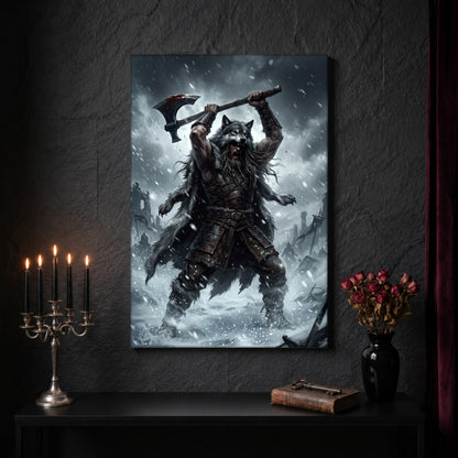 Berserker Rage canvas on a dark slate stone wall above a black console table, with a five-arm silver candelabra of lit black tapers, an antique iron key resting on a worn leather book, and a black vase of dried roses beside a burgundy velvet curtain.