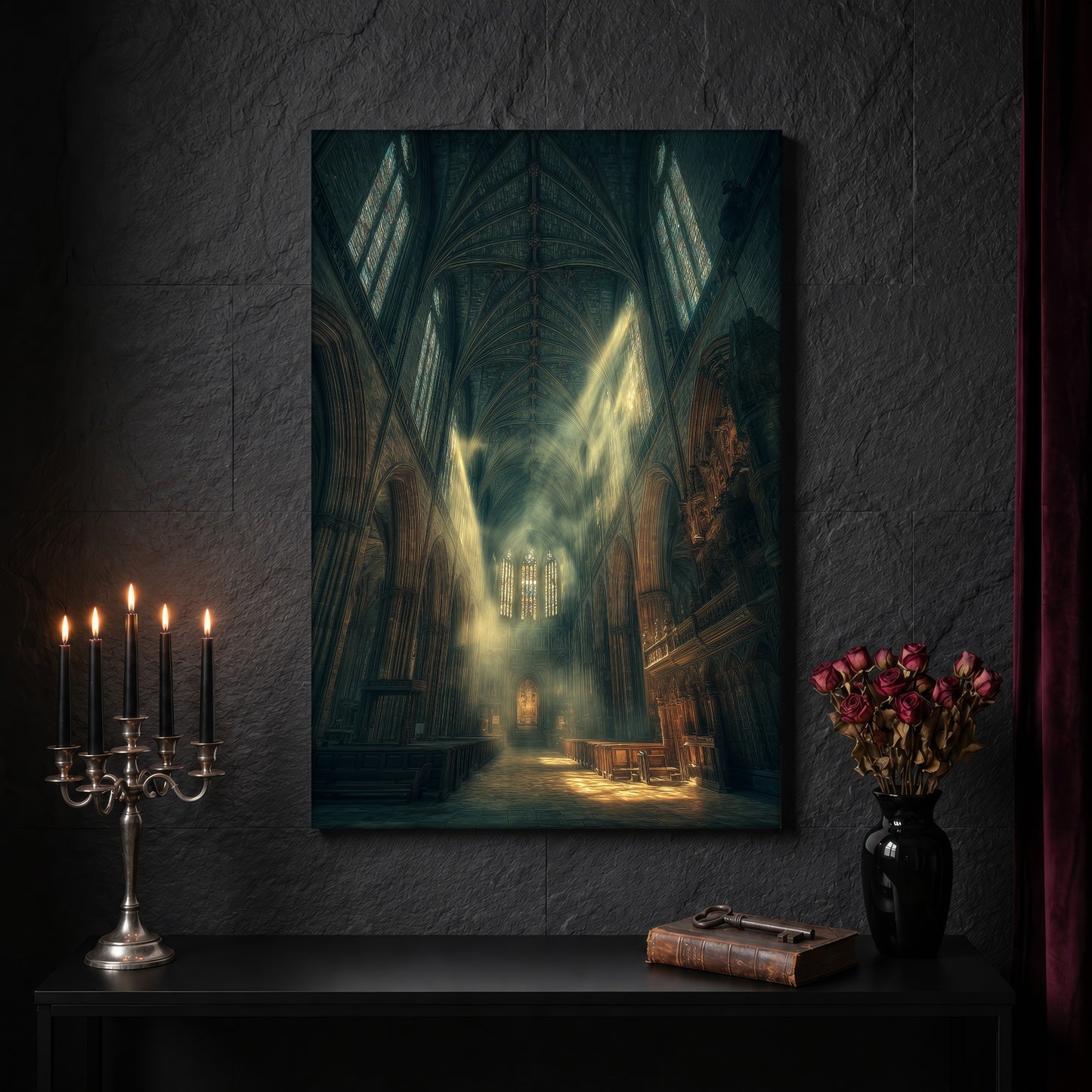 Compline architecture canvas on a dark slate stone wall above a black console table, with a five-arm silver candelabra of lit black tapers, an antique iron key resting on a worn leather book, and a black vase of dried roses beside a burgundy velvet curtain.