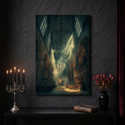 Compline architecture canvas on a dark slate stone wall above a black console table, with a five-arm silver candelabra of lit black tapers, an antique iron key resting on a worn leather book, and a black vase of dried roses beside a burgundy velvet curtain.