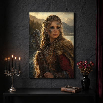 Shieldmaiden canvas on a dark slate stone wall above a black console table, with a five-arm silver candelabra of lit black tapers, an antique iron key resting on a worn leather book, and a black vase of dried roses beside a burgundy velvet curtain.