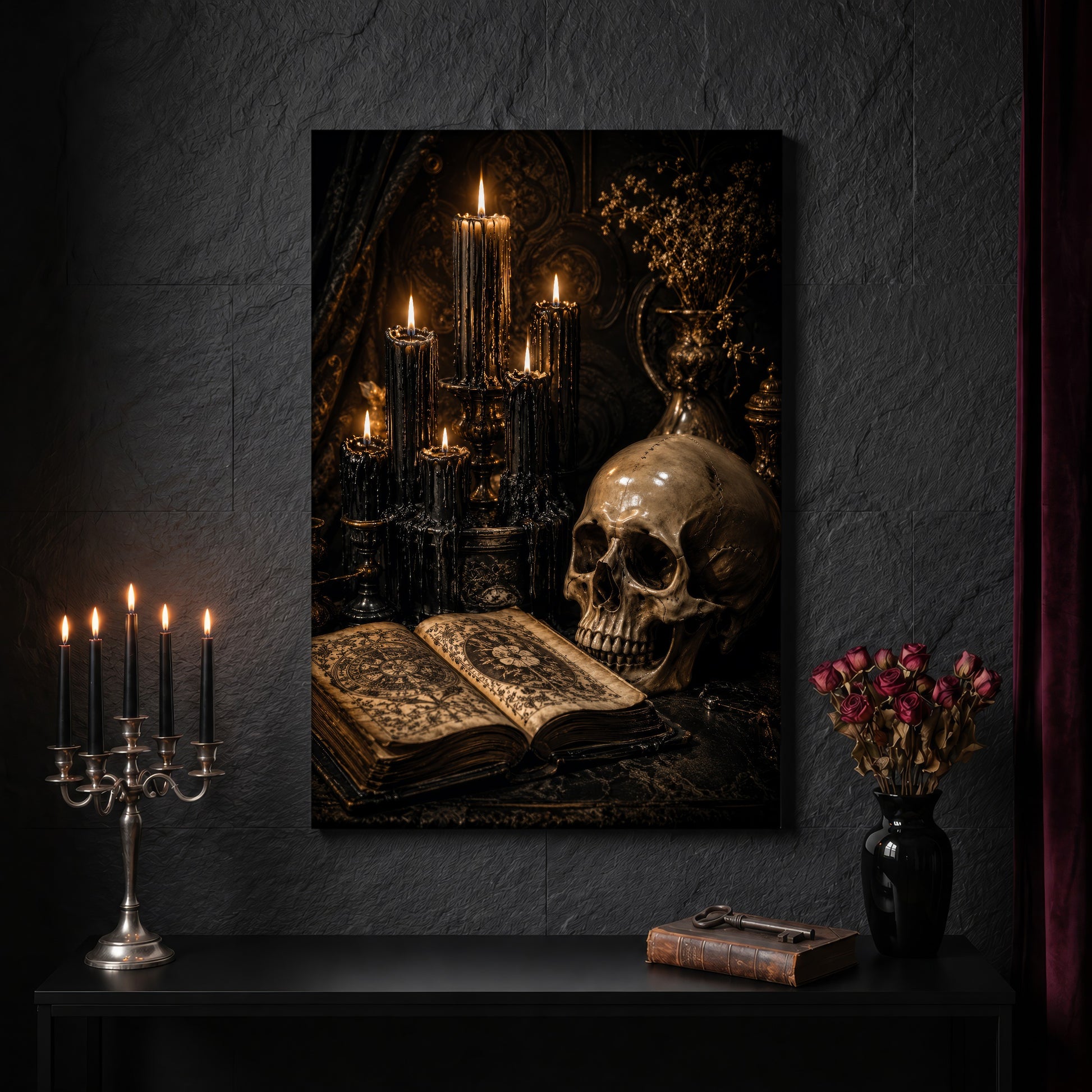 The Black Hours occult canvas on a dark slate stone wall above a black console table, with a five-arm silver candelabra of lit black tapers, an antique iron key resting on a worn leather book, and a black vase of dried roses beside a burgundy velvet curtain.
