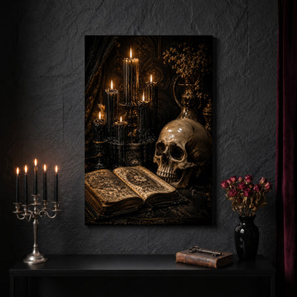 The Black Hours occult canvas on a dark slate stone wall above a black console table, with a five-arm silver candelabra of lit black tapers, an antique iron key resting on a worn leather book, and a black vase of dried roses beside a burgundy velvet curtain.