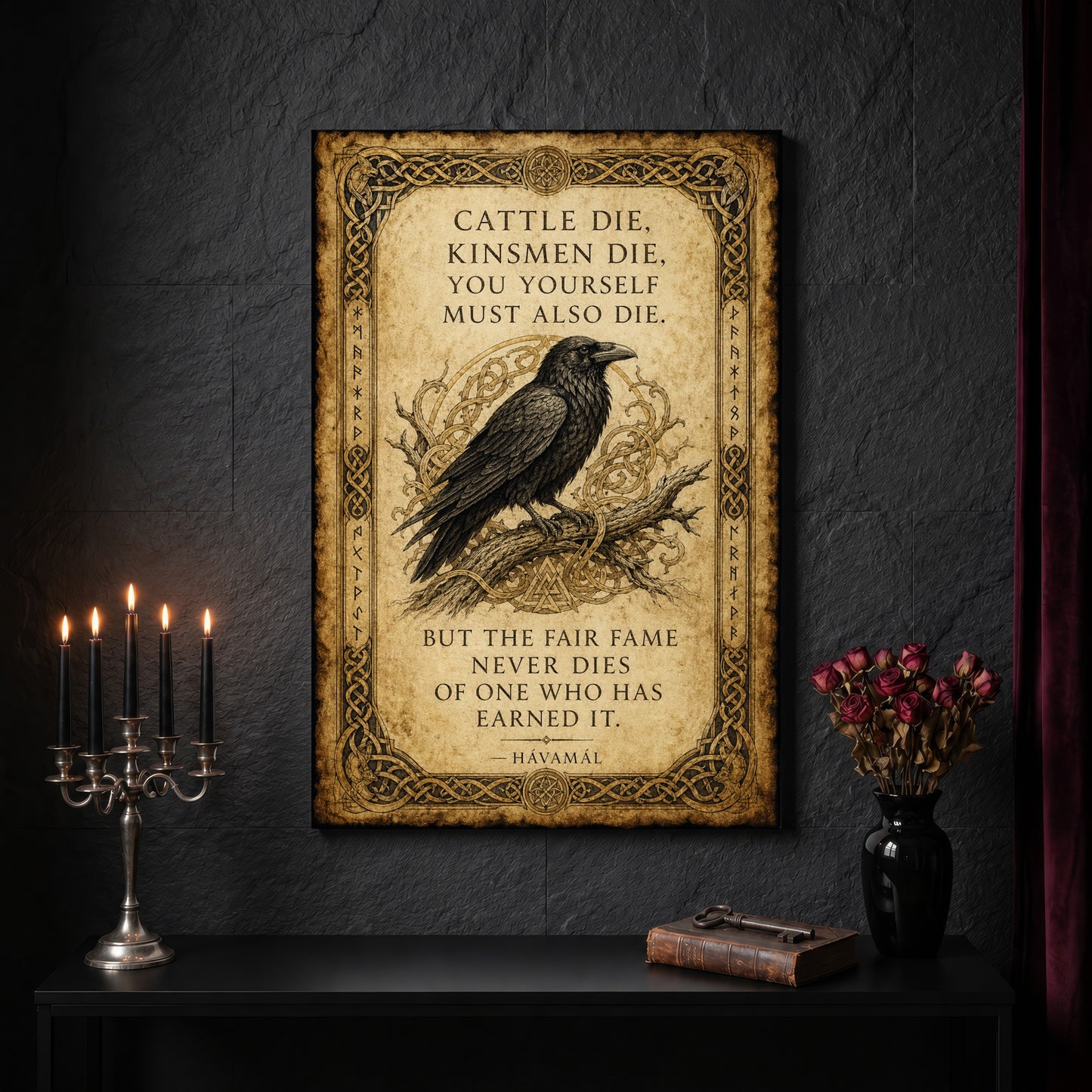 Hávamál parchment canvas on a dark slate stone wall above a black console table, with a five-arm silver candelabra of lit black tapers, an antique iron key resting on a worn leather book, and a black vase of dried roses beside a burgundy velvet curtain.