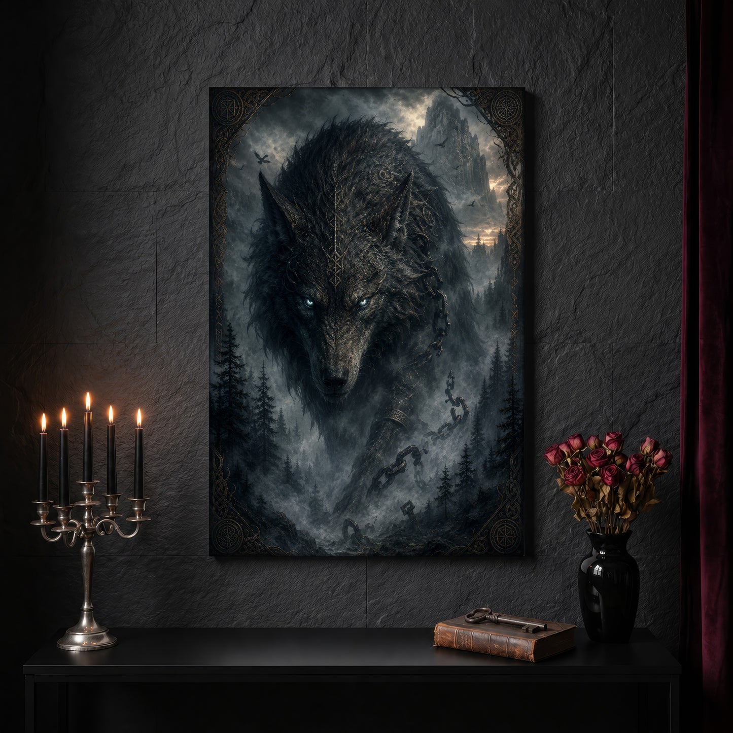 Vanagandr canvas on a dark slate stone wall above a black console table, with a five-arm silver candelabra of lit black tapers, an antique iron key resting on a worn leather book, and a black vase of dried roses beside a burgundy velvet curtain.