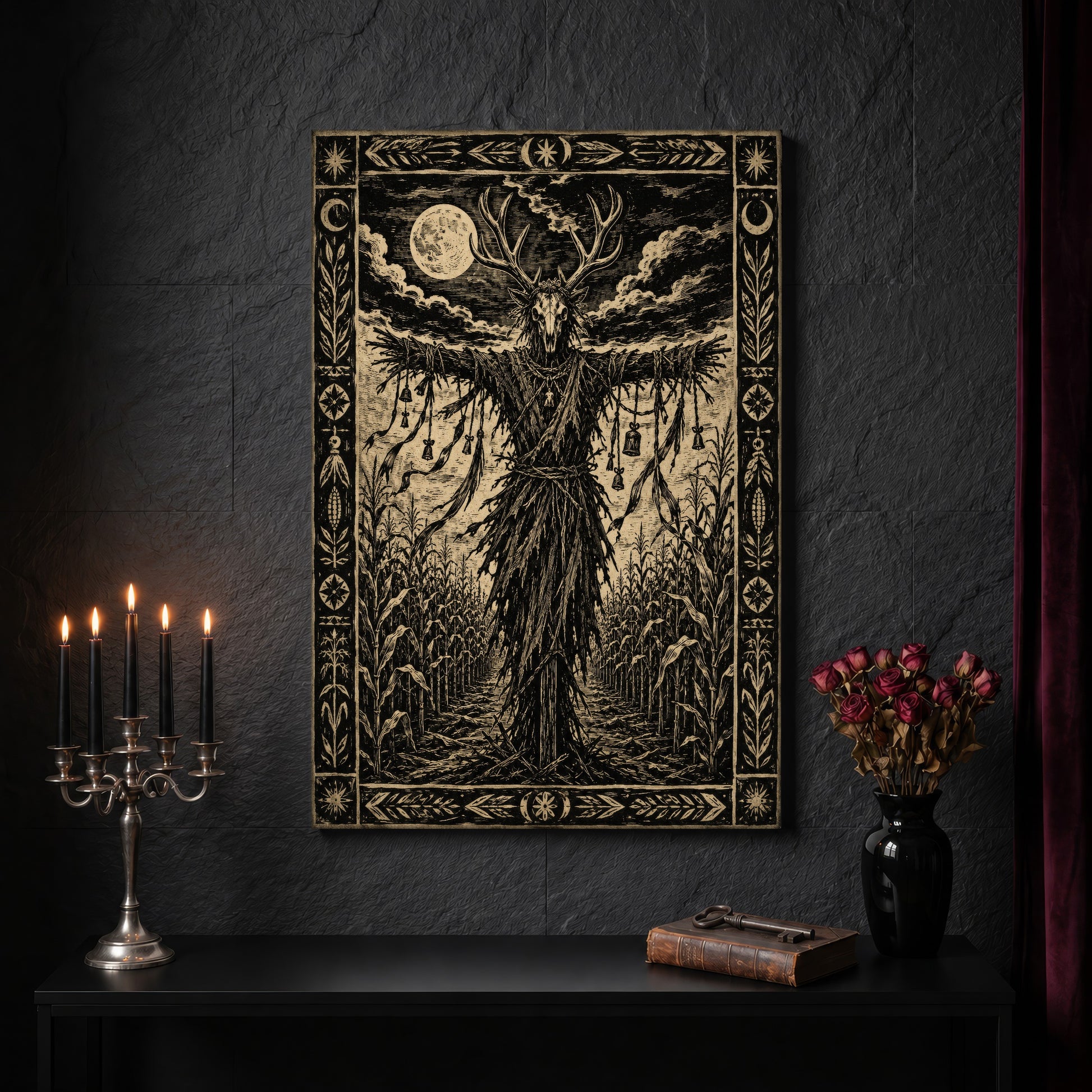 The Corn Sentinel canvas on a dark slate stone wall above a black console table, with a five-arm silver candelabra of lit black tapers, an antique iron key resting on a worn leather book, and a black vase of dried roses beside a burgundy velvet curtain.