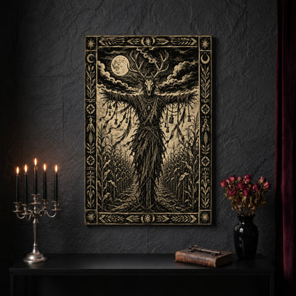 The Corn Sentinel canvas on a dark slate stone wall above a black console table, with a five-arm silver candelabra of lit black tapers, an antique iron key resting on a worn leather book, and a black vase of dried roses beside a burgundy velvet curtain.