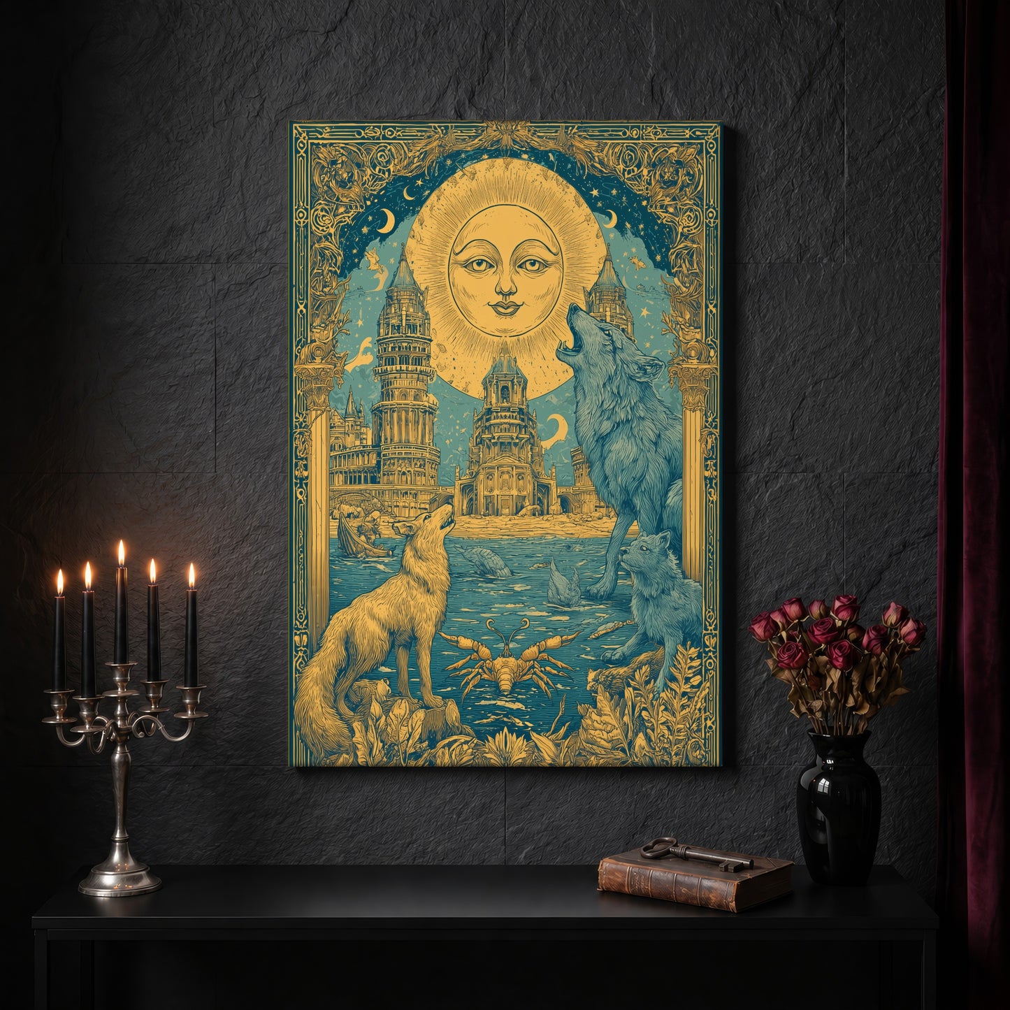 The Sunken Court fantasy city canvas on a dark slate stone wall above a black console table, with a five-arm silver candelabra of lit black tapers, an antique iron key resting on a worn leather book, and a black vase of dried roses beside a burgundy velvet curtain.