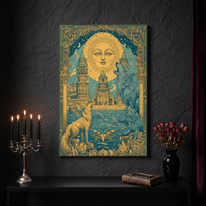 The Sunken Court fantasy city canvas on a dark slate stone wall above a black console table, with a five-arm silver candelabra of lit black tapers, an antique iron key resting on a worn leather book, and a black vase of dried roses beside a burgundy velvet curtain.