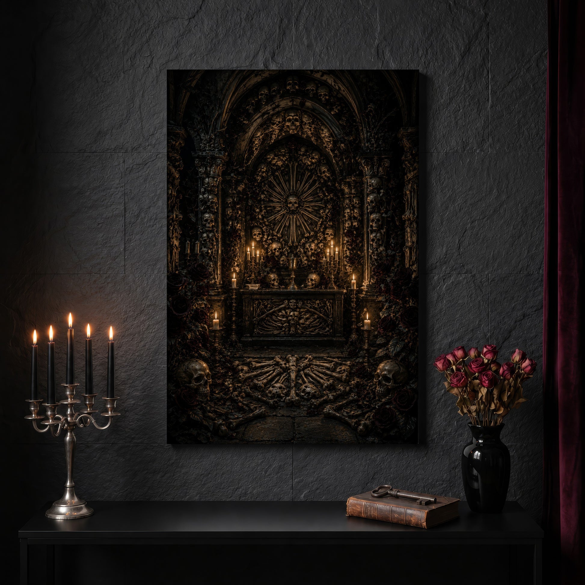 Charnel crypt canvas on a dark slate stone wall above a black console table, with a five-arm silver candelabra of lit black tapers, an antique iron key resting on a worn leather book, and a black vase of dried roses beside a burgundy velvet curtain.