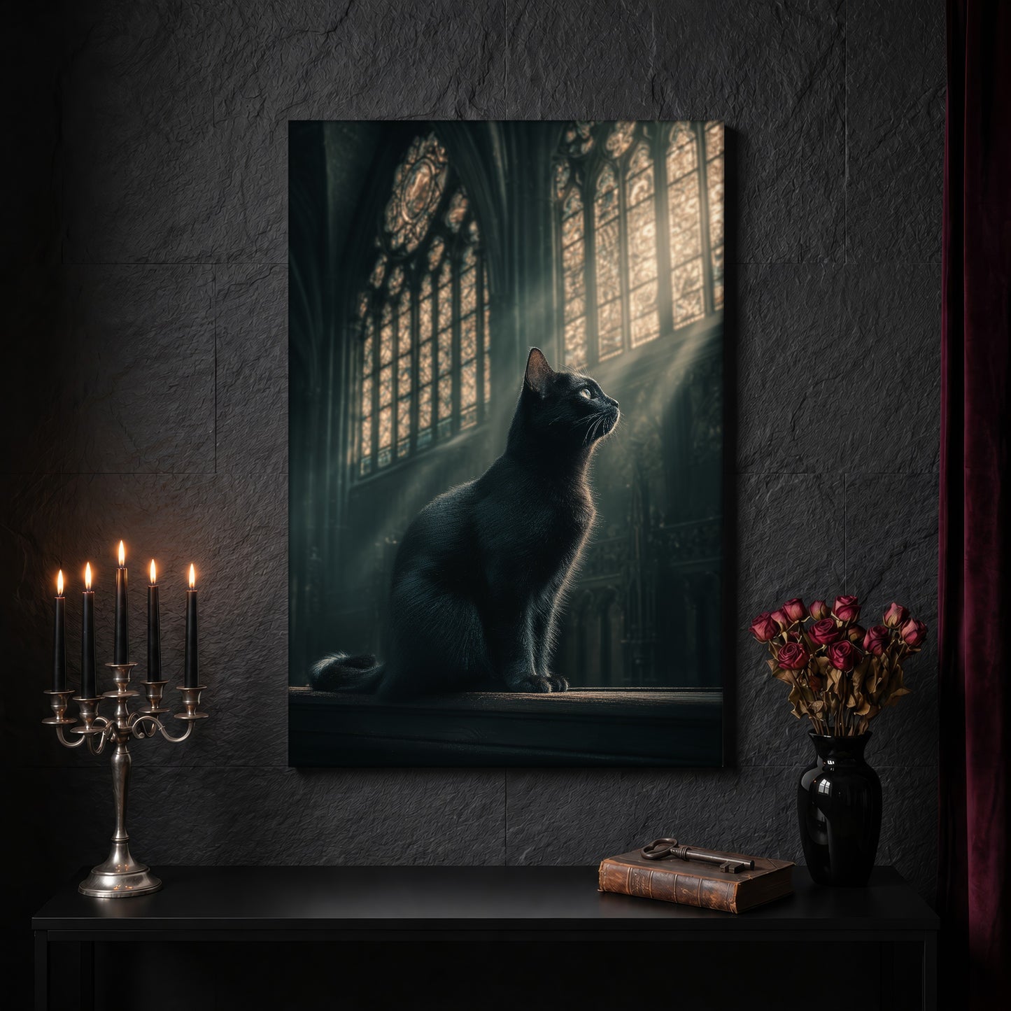 Grimalkin cathedral canvas on a dark slate stone wall above a black console table, with a five-arm silver candelabra of lit black tapers, an antique iron key resting on a worn leather book, and a black vase of dried roses beside a burgundy velvet curtain.