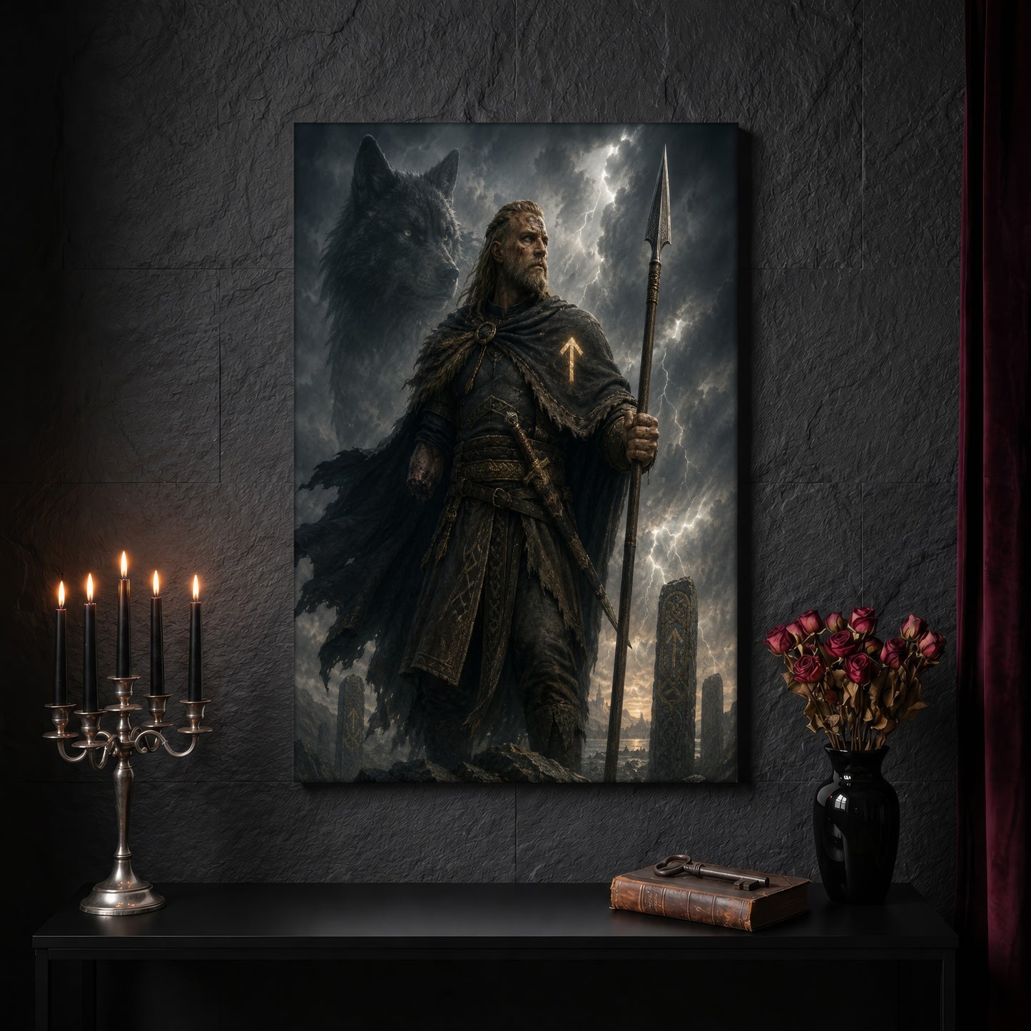 Tyr canvas on a dark slate stone wall above a black console table, with a five-arm silver candelabra of lit black tapers, an antique iron key resting on a worn leather book, and a black vase of dried roses beside a burgundy velvet curtain.