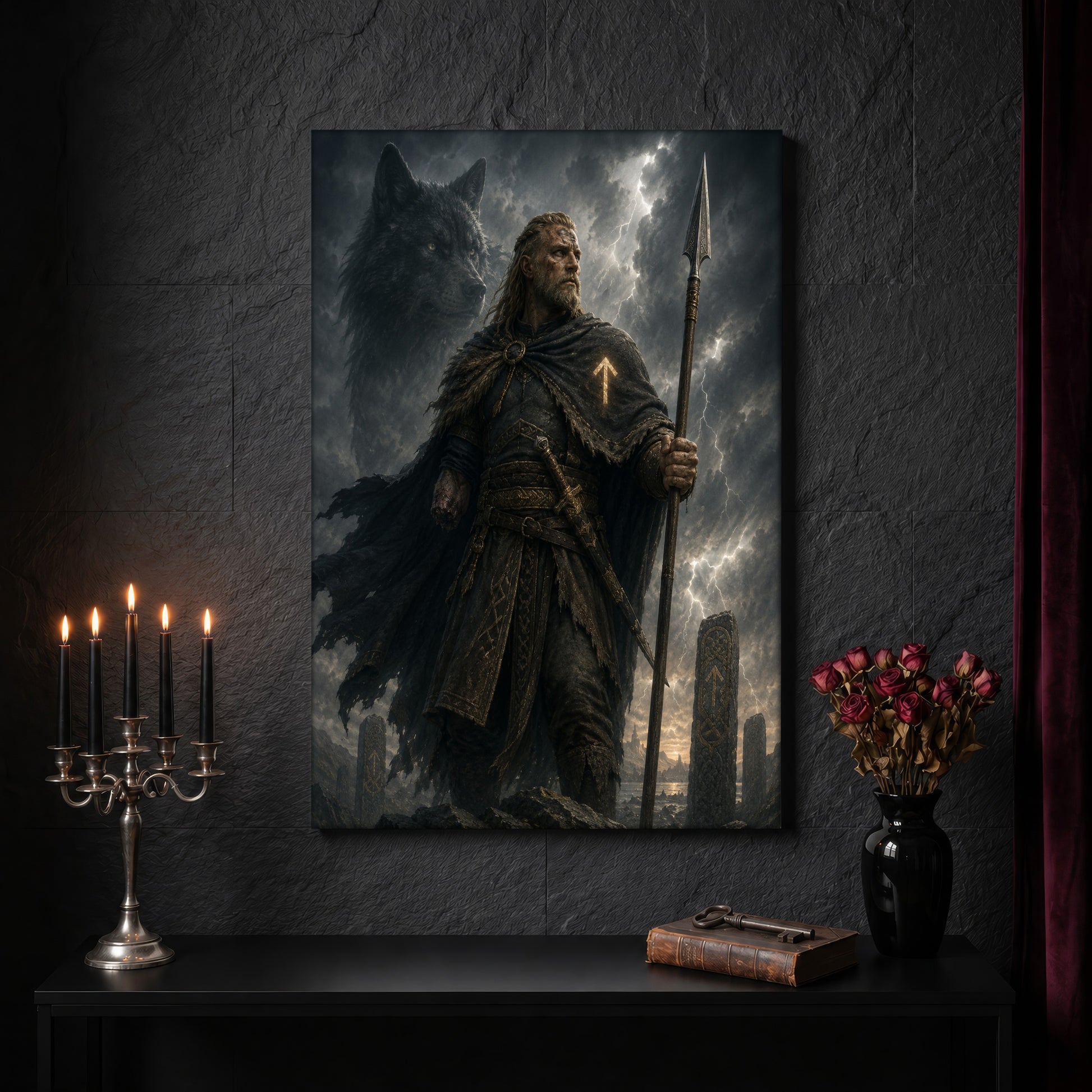Tyr canvas on a dark slate stone wall above a black console table, with a five-arm silver candelabra of lit black tapers, an antique iron key resting on a worn leather book, and a black vase of dried roses beside a burgundy velvet curtain.