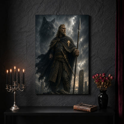 Tyr canvas on a dark slate stone wall above a black console table, with a five-arm silver candelabra of lit black tapers, an antique iron key resting on a worn leather book, and a black vase of dried roses beside a burgundy velvet curtain.