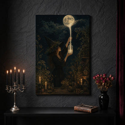 Moonfall witchy canvas on a dark wood-plank wall above a rustic bench draped with a grey sheepskin, lit by an iron wall lantern holding a burning candle and a polished drinking horn resting nearby.