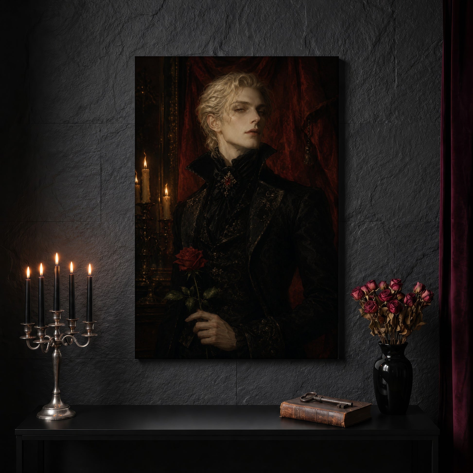 The Aesthete canvas on a dark slate stone wall above a black console table, with a five-arm silver candelabra of lit black tapers, an antique iron key resting on a worn leather book, and a black vase of dried roses beside a burgundy velvet curtain.